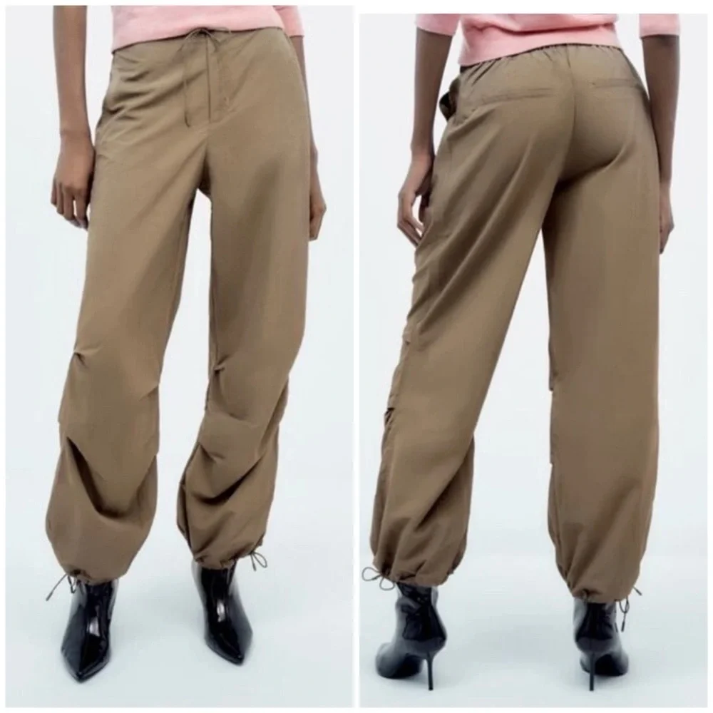 Zara Parachute Wide Leg Pants Small Drawstring Elastic Waist Baggy Loose Relaxed